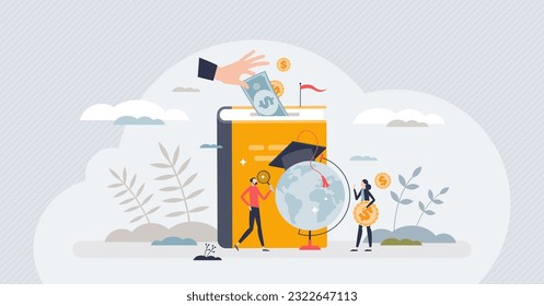 Investment in education and study tuition cost saving tiny person concept. University, academy, school or college scholarship as financial funding for knowledge or future learning vector illustration