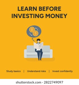 Investment education vector illustration featuring a businessman reading financial news on a couch while thinking about bitcoin and dollar currency exchange rates for market growth strategy.