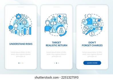 Investment expectations blue onboarding mobile app screen. Business walkthrough 3 steps editable graphic instructions with linear concepts. UI, UX, GUI template. Myriad Pro-Bold, Regular fonts used