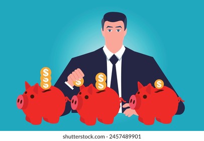 Investment experience with investment experts, investment strategies, diversification, wealth distribution, seated businessman putting different amounts of gold coins inside a piggy bank