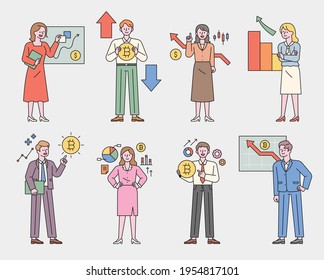 Investment experts characters explaining the Bitcoin graph. flat design style minimal vector illustration.