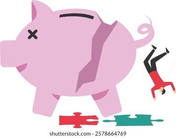 Investment failure. Collapsing piggy bank with puzzle. Flat vector illustration

