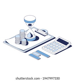 Investment finance, agreement document, coins money, calculator. Vector 3d line isometric, web icons, blue color. Creative design idea for infographics.