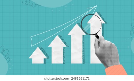 Investment and finance analytics concept. Halftone hand holds magnifying glass and analyzes the graph chart. Statistical and Data analysis concept collage. Vector illustration with growing chart.