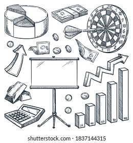 Investment and finance business icons isolated on white background. Hand drawn vector sketch illustrations. Infographic commerce and marketing design elements