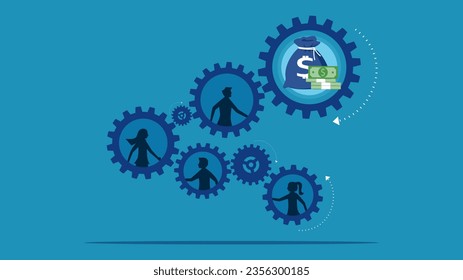 Investment and finance. Businessmen work together to spin the cogwheel and money