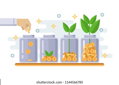 Investment And Finance Growth Business Concept. Hand Putting Coin In Clear Bottle. Green Tree Growing From Money Coins. Vector Flat Isolated Illustration.