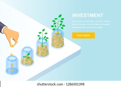 Investment and finance growth business concept. Hand putting coin in clear jar, vector 3d isometric illustration. Banner, landing page design template.