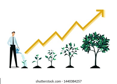 Investment and finance growth business concept. Businessman watering small green sprout. Vector flat illustration. Five stages of growing tree and increase arrow chart, infographic design template.