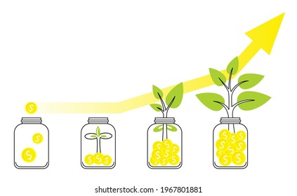 Investment and finance growth business concept on white background. Money tree growing. Green plant growing from money coins. Vector flat isolated illustration. Doodle cartoon infographic.