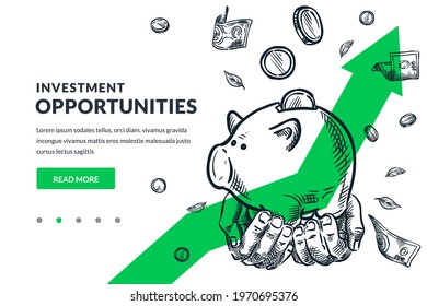 Investment and finance growth business concept. Human hands hold piggy bank with falling coins on green arrow background. Hand drawn vector sketch illustration. Poster banner design