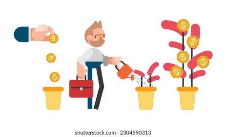 Investment and finance growth business concept. Businessman putting a coin in flowers pot and watering green money tree. Vector flat isolated illustration.