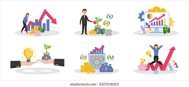 Investment and finance growth business concept. Human hands hold glass jar with coins and growing plant or tree on green arrow background. Hand drawn vector sketch illustration. Poster banner design