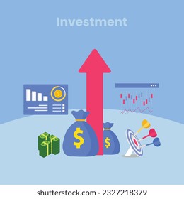 Investment and finance growth business concept. Human hands hold glass jar with coins and growing plant or tree on green arrow background. Hand drawn vector sketch illustration. Poster banner design