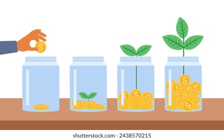 Investment and finance growth business concept. Hand putting coin in clear bottle. Green tree growing from money coins. Saving money.