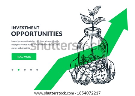 Investment and finance growth business concept. Human hands hold glass jar with coins and growing plant or tree on green arrow background. Hand drawn vector sketch illustration. Poster banner design