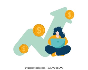 Investment finance growth coins, business success, stock market analysis, crypto trend line or forex trade vector concept. Tiny Woman is using laptop to analyze candlestick chart and stock value