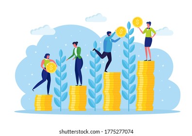 Investment and finance growth concept. Successful businessman standing on stack of coins, money. Banker, financier cartoon character. Teamwork for increase income. Vector flat design 