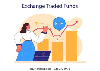 Investment and finance growth. Young female character investing money in exchange traded funds with the prospect of profit. Woman using modern investment vehicle. Flat vector illustration