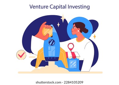 Investment and finance growth. Young female character investing money for venture capital with the prospect of profit. Startup companies and small businesses support. Flat vector illustration