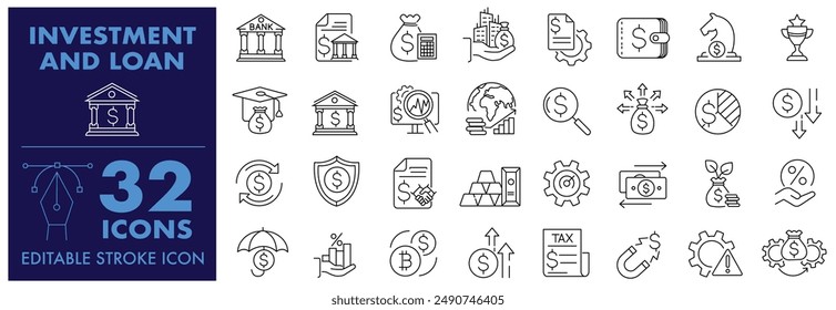 Investment, Finance and Loan Editable Stroke Icon. Included Investment, Education Loan, Performance, Safe Locker, Real Estate, Management and More