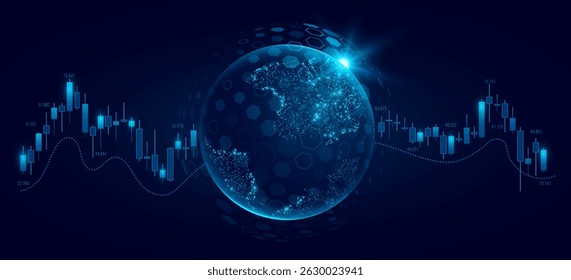 Investment financial data with futuristic Earth globe. World economics background. Stock market trading graph. Business technology concept. Vector illustration