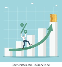 Inversión y crecimiento financiero, aumento en la tasa de interés sobre los depósitos, mejora en la economía y crecimiento del PBI, aumento en salarios y ahorros, el hombre lleva por ciento a la flecha del gráfico de crecimiento.