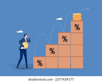 Inversión y crecimiento financiero, aumento de los intereses sobre los depósitos y las ganancias, mejora económica y crecimiento del PIB, aumento de los salarios y reducción del desempleo, un hombre se sitúa cerca de un gráfico en crecimiento con una moneda.