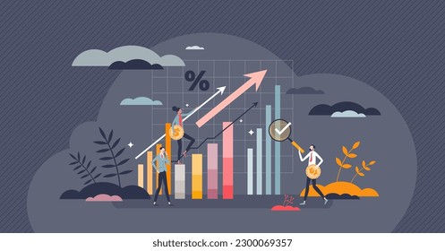Investment and financial growth with money profit chart tiny person concept. Successful stock market with increase in wealth data vector illustration. Return percentage for income increase goal.