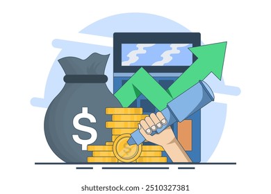 Conceito de gestão financeira de investimentos. Série de otimização de custos. Ideias de estratégia financeira e de marketing. Saldo de custo e receita. Redução de custos e custos. Ilustração de vetor plano.