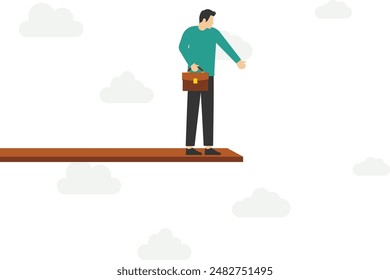 Investment or financial risk of falling down from economic recession, fear of losing money or repaying debt concept, businessman standing on edge of a cliff in the sky looking down with fear of height
