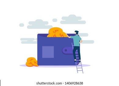 Inversión, servicios financieros, ahorro de dinero en cartera o acumulación de moneda concepto ilustración vectorial para la plantilla de página de inicio web, banner, volante y presentación