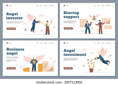 Investment and financial support for business web banners bundle with angel investor supporting business project and startup, flat vector illustration.