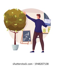 Investment flat composition with businessman picking money from potted tree vector illustration