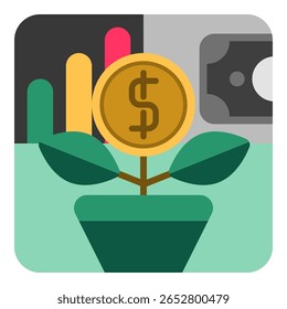 Investment Flat design style, growing money plant with graph and coin, representing profit growth or capital investment, ideal for fintech dashboards.
