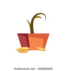 Investment flat icon of coins and pot with green plant on white background vector illustration