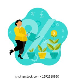Investment. Flat vector illustration for web design. Woman and flower pot with coin. Grown. Profit.