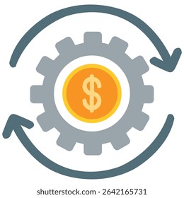 Investment Flow, Financial Gear Icon with Dollar Symbol.