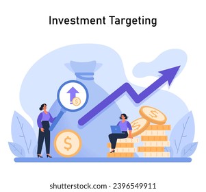 Investment Focus concept. Highlighting strategic financial opportunities with magnified growth potential, choosing financial growth as an investment objective. Flat vector illustration