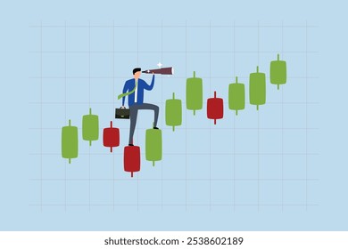 Previsão de investimento, Empresário investidor observando negociação candlestick gráfico através de spyglass. 