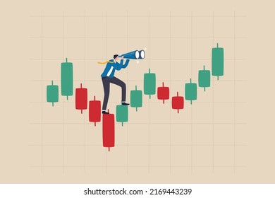 Investment forecast or prediction, vision to see investing opportunity, future profit from stock and crypto trading concept, businessman investor look on spyglass on trading candlestick chart. svg