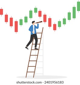 Investment forecast or prediction, vision to see investing opportunity, future profit from stock and crypto trading concept, businessman investor look on spyglass on trading candlestick chart.

 svg