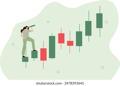 Investment forecast or prediction, vision to see investing opportunity, future profit from stock and crypto trading concept, businessman investor look on spyglass on trading candlestick chart.	