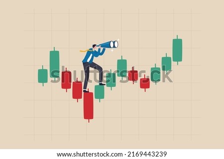 Investment forecast or prediction, vision to see investing opportunity, future profit from stock and crypto trading concept, businessman investor look on spyglass on trading candlestick chart.