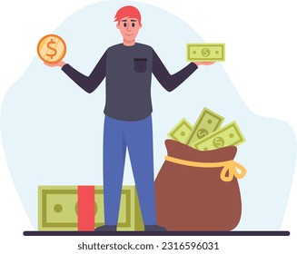 Investment in foreign currency. Young male entrepreneur holding dollar coin and banknote in hands. Flat vector illustration isolated on blue background