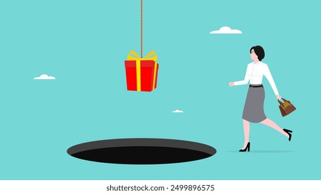 investment fraud or problems and traps in business, traps with prizes or big profits attached, the fear of an businesswoman or investor in making decisions when running a business