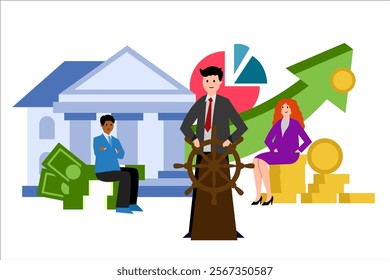 Investment fund. Bank, man at the wheel. Vector simple color flat illustration.