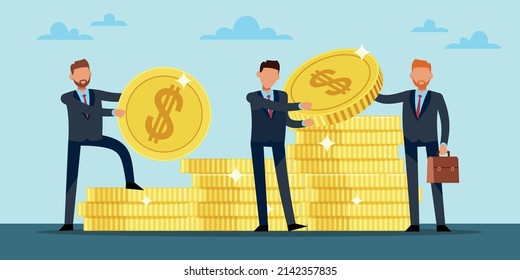Investment fund. Distribution of funds. Business development. Businessmen with stacks of gold coins investing money, income growth, capital earnings success. Vector cartoon flat concept