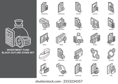 Investment fund isometric 3D icons set. contain assets, bonds, real estate, credit card, budget, dividends and more. use for modern concept, print, UI, UX kit, web and app development. Vector EPS 10