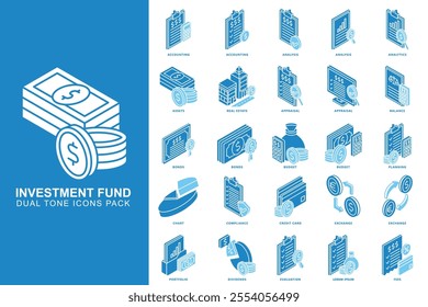 Investment fund isometric 3D icons set. contain assets, bonds, real estate, credit card, dividends, money and more. use for modern concept, print, UI, UX kit, web and app development. Vector EPS 10